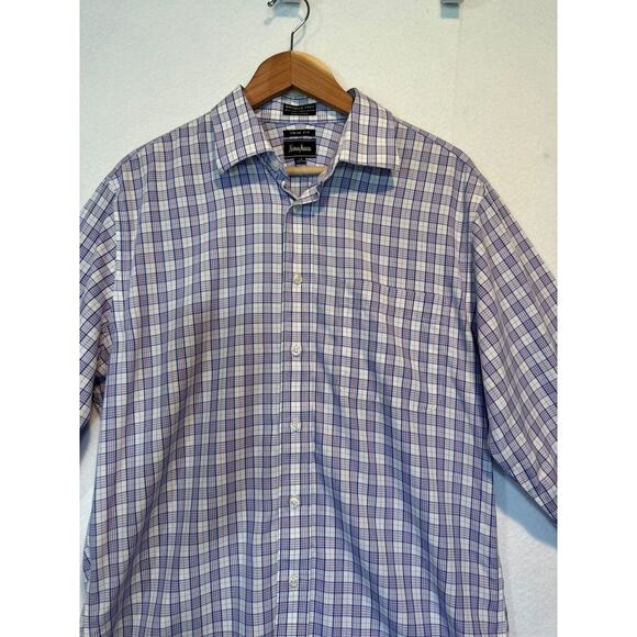 Neiman Marcus Mens Medium Purple Plaid Trim Fit Cotton Button Up Shirt 16 32/33 - Picture 3 of 12